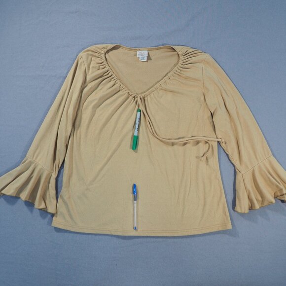 Vintage Fiorlini Shirt Womens 14/16 Tan Bell Flare Sleeve Soft Boho Cottage USA - Picture 4 of 12